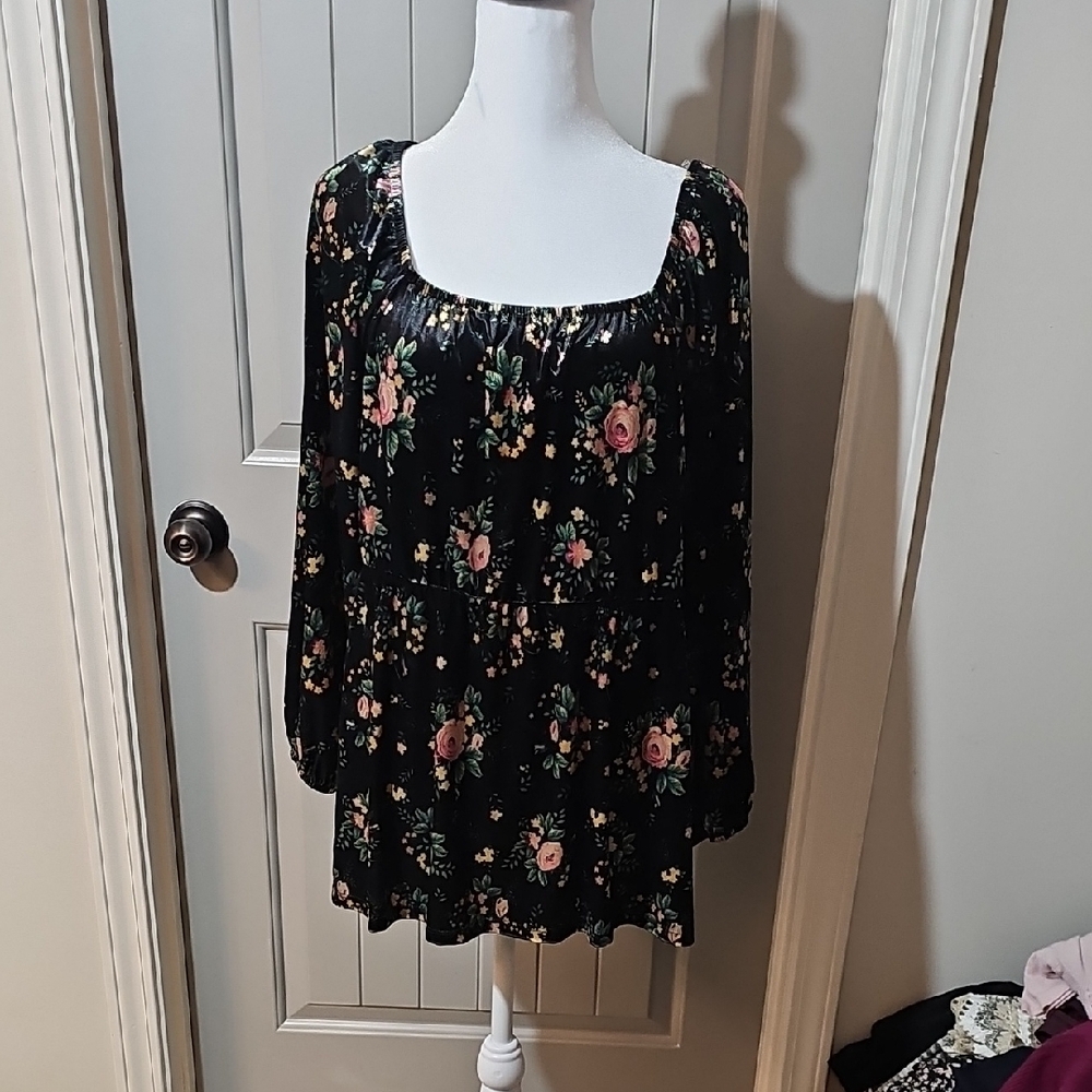Cato Velvet Black Smocked Long Sleeve Blouse